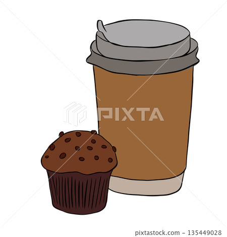 illustration of coffee and biscuits muffin composition hand drawn illustration. Vector graphic line ink colored art. design for fashion graphics, textile prints, fabrics, wallpapers. 135449028