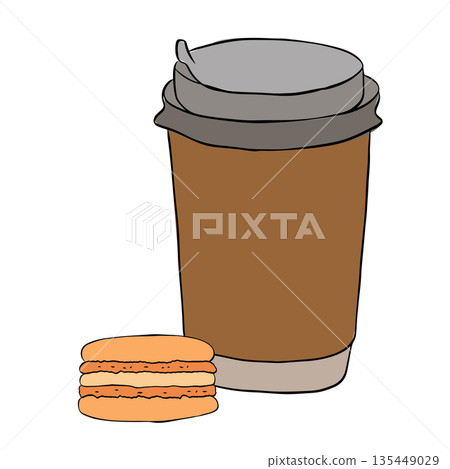 cup of coffee with macaron icon vector macaroons sign composition hand drawn illustration. Vector graphic line ink colored art. For logo, web, package, sticker. 135449029