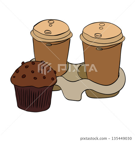 Coffee takeaway and delicious muffins on tray on white background composition hand drawn illustration. Vector graphic line ink colored art. Design for package, cosmetic, textile, cards. 135449030