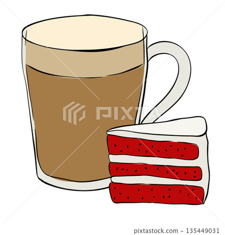 Cup of Coffee and Piece of Cake Icon composition hand drawn illustration. Vector graphic line ink colored art. For poster, invitation, backdrop, ad, sale promotion, print for t-shirt 135449031