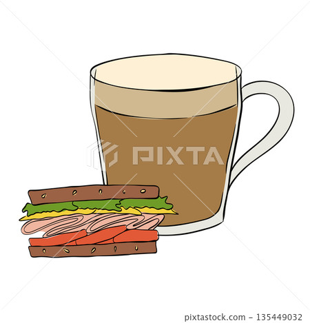 Coffee drink, food, coffee, cup, fast, lunch, sandwich, composition hand drawn illustration. Vector graphic line ink colored art. for package, holiday design, fabric and textile. 135449032
