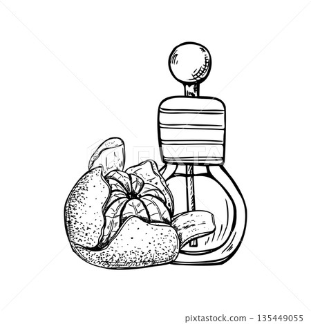 Mandarin orange, and essential oil glass bottle line art black ink composition. Hand drawn peeled tangerine fruit and dropper bottle with aromatic oil, serum or perfume illustration Mandarin orange, and essential oil glass bottle line art black ink composition. Hand drawn peeled tangerine fruit and dropper bottle with aromatic oil, serum or perfume illustration 135449055