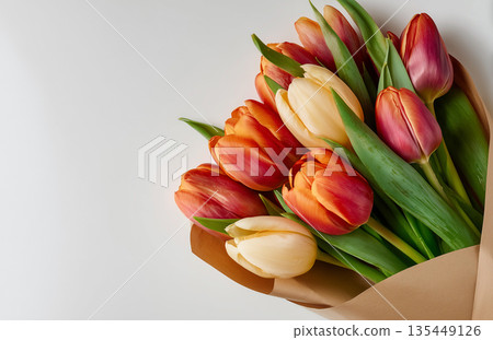 Bouquet of colorful tulips with green leaves wrapped in brown paper on a light background in a simple setting Bouquet of colorful tulips with green leaves wrapped in brown paper on a light background in a simple setting 135449126
