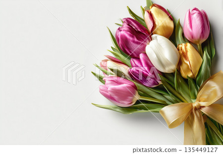 Colorful tulip bouquet arranged with a ribbon on a plain background Colorful tulip bouquet arranged with a ribbon on a plain background 135449127