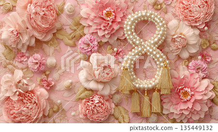 Decorative arrangement of number eight with pearls and flowers for celebration Decorative arrangement of number eight with pearls and flowers for celebration 135449132