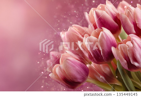 Pink tulips in a soft background showing details of flower petals and sparkles in spring season near a sunny window Pink tulips in a soft background showing details of flower petals and sparkles in spring season near a sunny window 135449145