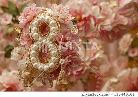 Decorative number eight with pearls and flowers for a celebration event on March 8 Decorative number eight with pearls and flowers for a celebration event on March 8 135449161