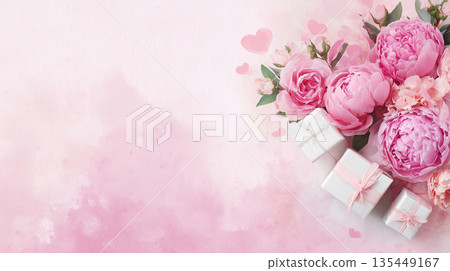 Colorful flowers and gifts are arranged on a light pink background for a special event or celebration in spring or summer Colorful flowers and gifts are arranged on a light pink background for a special event or celebration in spring or summer 135449167