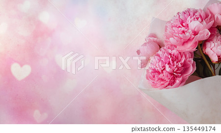 Bouquet of pink peonies displayed on a soft background with heart shapes during a festive season Bouquet of pink peonies displayed on a soft background with heart shapes during a festive season 135449174