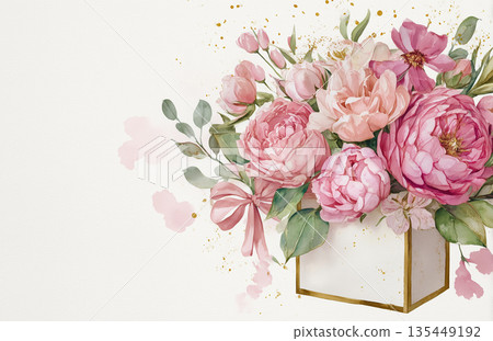 Colorful floral arrangement in a box with peonies and tulips placed on a light background 135449192