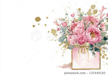 Bright pink flowers in a box on a white background with gold accents and soft splashes of color, arranged for decoration 135449193