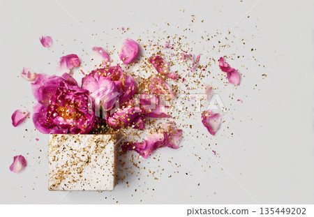 Pink flowers and gold dust scattered over a white surface creating a vibrant display Pink flowers and gold dust scattered over a white surface creating a vibrant display 135449202