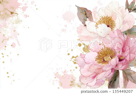 Beautiful pink peony flowers with gold accents in a watercolor mural design displayed on a blank background Beautiful pink peony flowers with gold accents in a watercolor mural design displayed on a blank background 135449207