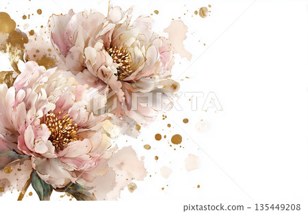 Floral artwork featuring peonies with soft colors and golden accents created in a simple style 135449208