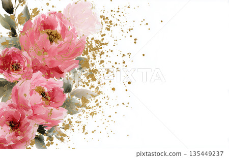 Flowers with pink petals and gold accents on a white background create a decorative design for craft projects and stationery 135449237