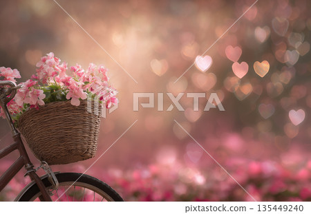 Bicycle with basket of flowers in a garden filled with heart-shaped lights during spring time Bicycle with basket of flowers in a garden filled with heart-shaped lights during spring time 135449240