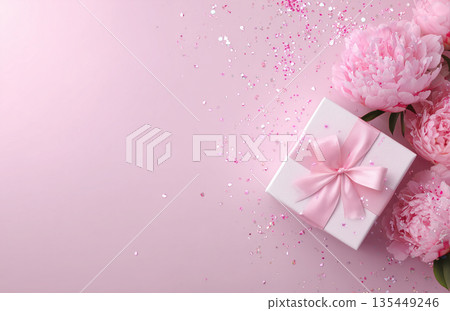 Gift box with pink ribbon and peonies on pink background with glitter and confetti scattered around Gift box with pink ribbon and peonies on pink background with glitter and confetti scattered around 135449246