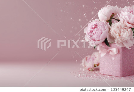 Flowers in a pink box with soft sparkles displayed on a simple pink background during the day Flowers in a pink box with soft sparkles displayed on a simple pink background during the day 135449247