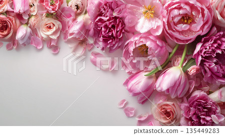 Flower arrangement with pink peonies, tulips, and roses on a light background in springtime setting indoors 135449283