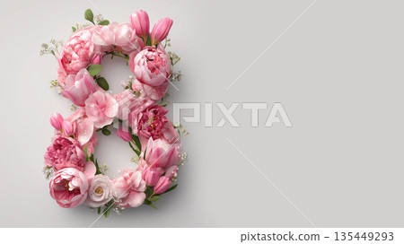 Flowers arranged in the shape of the number eight for celebration activities during spring or summer season Flowers arranged in the shape of the number eight for celebration activities during spring or summer season 135449293