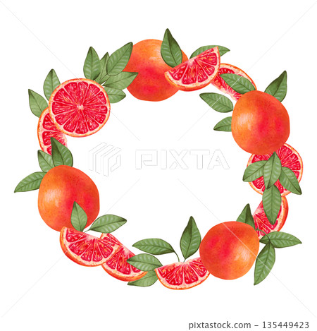 Round grapefruit wreath. Fruit frame made of slices, whole citrus and leaves. Healthy food plant theme. Watercolor illustration. Suitable for food packaging, juices, menus. Handmade, isolated art Round grapefruit wreath. Fruit frame made of slices, whole citrus and leaves. Healthy food plant theme. Watercolor illustration. Suitable for food packaging, juices, menus. Handmade, isolated art 135449423