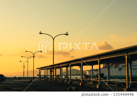Street lights, calm sea and ferry at dusk at Yawatahama Port in Yawatahama City, Ehime Prefecture 135449446