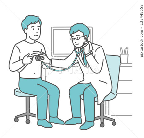 Male doctor listening to chest sounds with a stethoscope (white coat, male patient) Male doctor listening to chest sounds with a stethoscope (white coat, male patient) 135449558