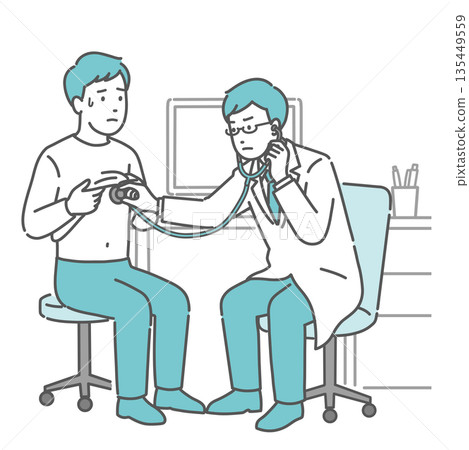 Male doctor checking abnormalities with a stethoscope (white coat, unwell male patient) Male doctor checking abnormalities with a stethoscope (white coat, unwell male patient) 135449559