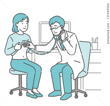 Male doctor listening to chest sounds with a stethoscope (white coat, female patient) Male doctor listening to chest sounds with a stethoscope (white coat, female patient) 135449560