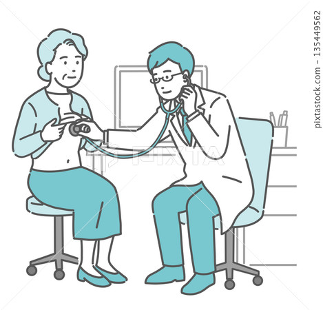 Male doctor listening to chest sounds with a stethoscope (white coat, elderly female patient) Male doctor listening to chest sounds with a stethoscope (white coat, elderly female patient) 135449562