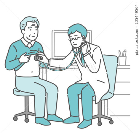 Male doctor listening to chest sounds with a stethoscope (white coat, elderly male patient) 135449564