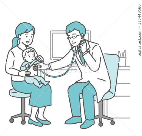 A male doctor examining a baby with a stethoscope (white coat, pediatrics, parent and child) A male doctor examining a baby with a stethoscope (white coat, pediatrics, parent and child) 135449566