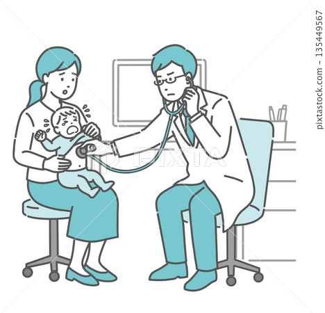 A male doctor examining a crying baby with a stethoscope (white coat, pediatrics, poor health) A male doctor examining a crying baby with a stethoscope (white coat, pediatrics, poor health) 135449567