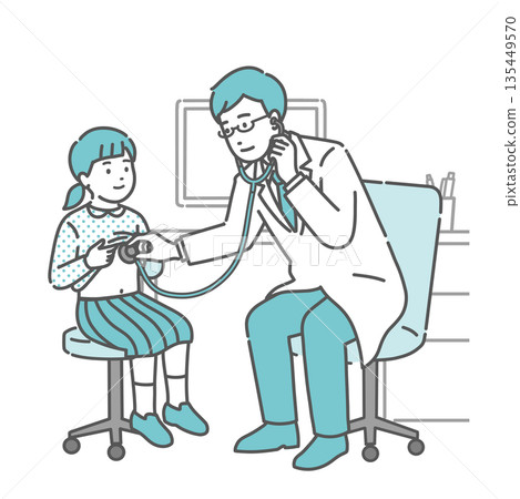 A male doctor examining a girl with a stethoscope (white coat, pediatrics, child) A male doctor examining a girl with a stethoscope (white coat, pediatrics, child) 135449570