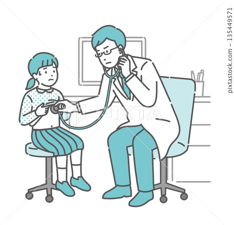 A male doctor checking for abnormalities with a stethoscope (a girl in a white coat and unwell) A male doctor checking for abnormalities with a stethoscope (a girl in a white coat and unwell) 135449571