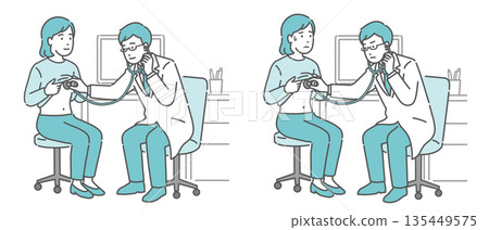 一組插圖，描繪了一位男醫師用聽診器檢查病人（白大褂，女病人，正常人和病人）。 135449575