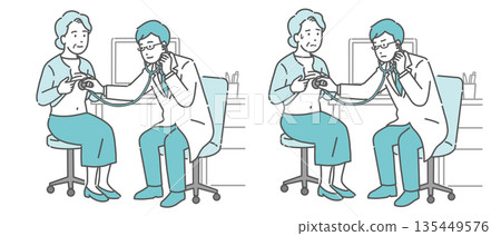 一組插圖，描繪了一位男醫生用聽診器檢查病人（白大褂，老年女病人，正常和患病狀態）。 135449576