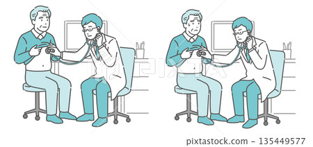 一組插圖，描繪了一位男醫生用聽診器檢查病人（白大褂，老年男性病人，正常和患病狀態）。 135449577