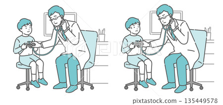 Illustration set of a male doctor examining a patient with a stethoscope (white coat, boy, normal and unwell) Illustration set of a male doctor examining a patient with a stethoscope (white coat, boy, normal and unwell) 135449578