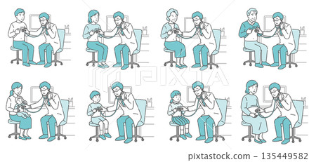 一組插圖，描繪了一位男醫師用聽診器檢查病人（身穿白大褂，涵蓋各個年齡段，病人情況各異）。 135449582