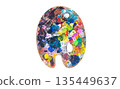 Isolated object for creativity. Oval wooden artist palette covered with colorful spots of dry and fresh paint, featuring two palette knives. Concept of art, hobby, painting, and inspiration 135449637