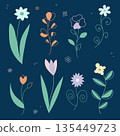A collection of eight stylized floral elements in pastel colors. Modern interpretation of 70s style with fine lines. Suitable for packaging design, textiles, greeting cards, and spring decor 135449723