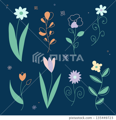 A collection of eight stylized floral elements in pastel colors. Modern interpretation of 70s style with fine lines. Suitable for packaging design, textiles, greeting cards, and spring decor 135449723