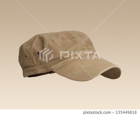 Vintage Beige Fabric Military Cap. 3D Rendering.  135449818