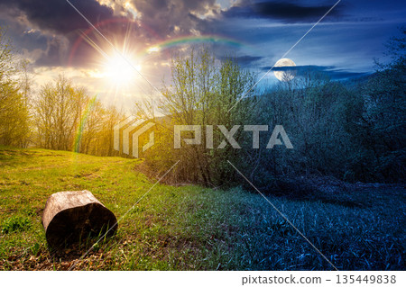 mountain landscape with green grass on forest glade in spring. day and night time change concept. beautiful nature scenery with beech trees under sky with sun and moon. equality and shift template mountain landscape with green grass on forest glade in spring. day and night time change concept. beautiful nature scenery with beech trees under sky with sun and moon. equality and shift template 135449838