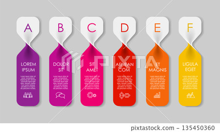 Colorful vertical infographic with labeled steps, icons, and text blocks. Vector illustration. Colorful vertical infographic with labeled steps, icons, and text blocks. Vector illustration. 135450360
