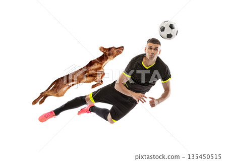 Composition of football player heading ball with flying dog. Composition of football player heading ball with flying dog. 135450515