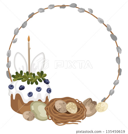 Hand-drawn spring Easter card with floral wreath made of pussy willow and birds nest with eggs, eggshell and Easter cake Hand-drawn spring Easter card with floral wreath made of pussy willow and birds nest with eggs, eggshell and Easter cake 135450619