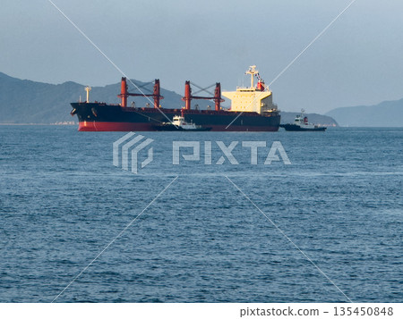 A large bulk carrier accompanied by a tugboat and calm seas 135450848