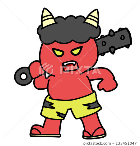 Angry red demon with a metal club 135451047